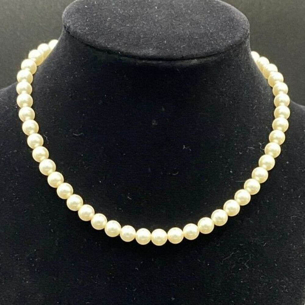 Vintage Faux Cream Pearl Necklace Silver Tone Crystal Accents Adjustable Length